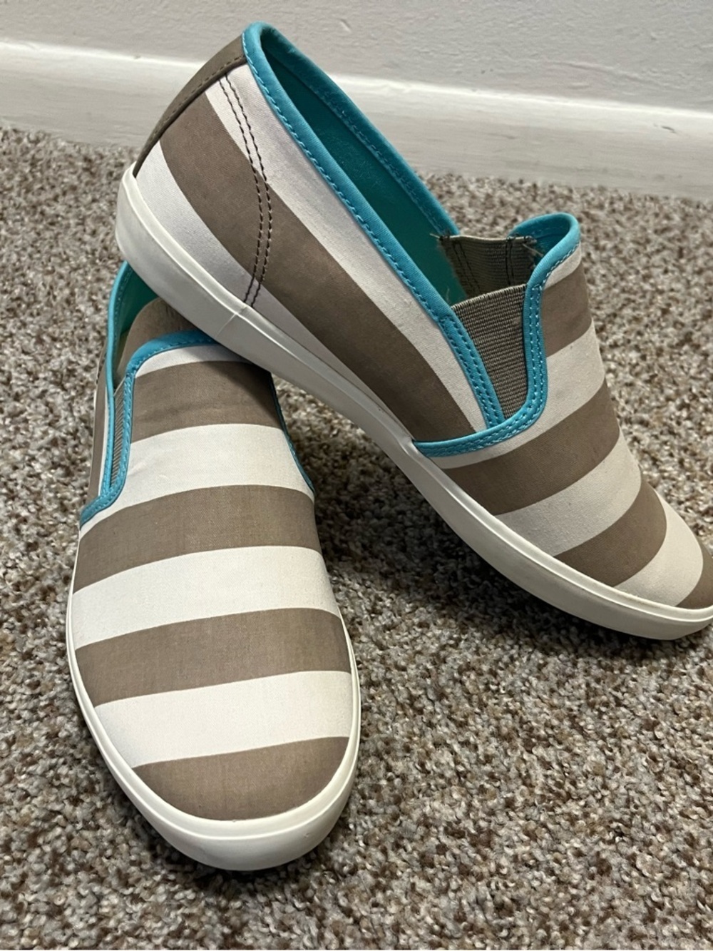 SeaVees Women's Taupe & White Striped Slip-On Sneakers with Teal Trim